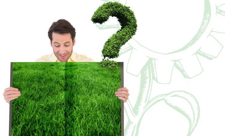 A man holding an open book with grass photo and a symbol of question mark made of grass