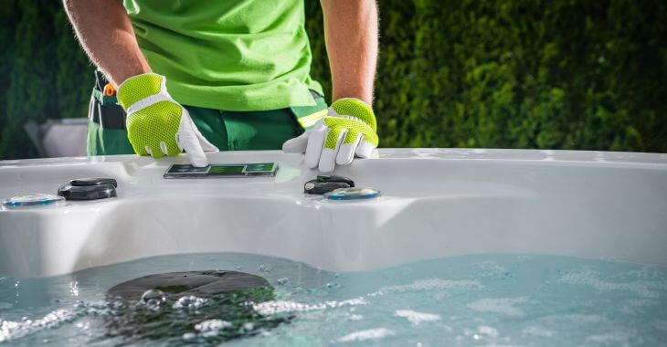 a technician setting water temperature in a hot tub