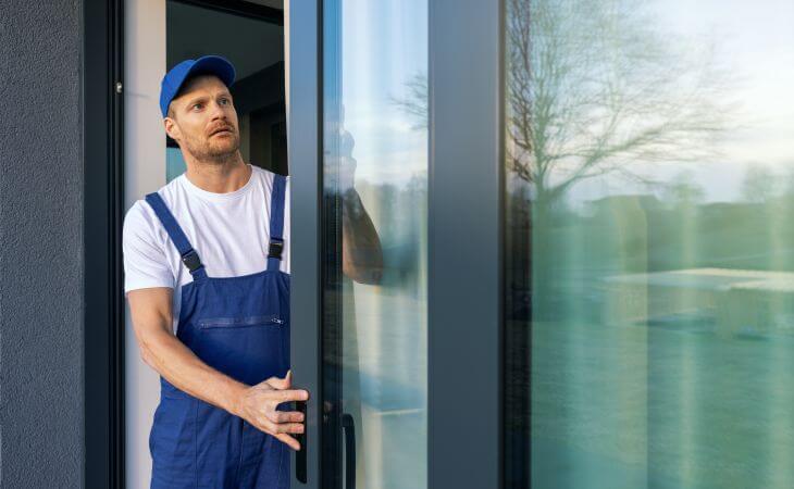 A technician installing an aluminium slider window